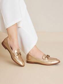 MOTF PREMIUM PU LEATHER ROUND TOE FLAT LOAFERS FOR CHRISTMAS - Gold - View 8
