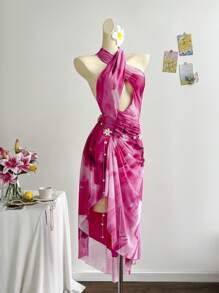 Soleia 浪漫镂空中长度假挂脖连衣裙