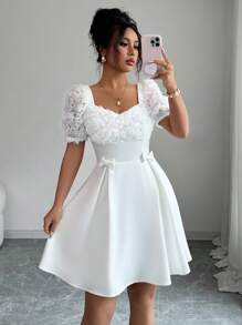 Elenzga Đầm mùa hè họa tiết hoa thêu nơ trơn màu thanh lịch cho nữ - trắng - Xem 1