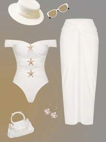 Swim Oasis New Summer Beach Holiday Solid Color Metal Pearl Shell Sea Hollow Out Bandeau One Piece Swimsuit & Skirt Set - White - View 1