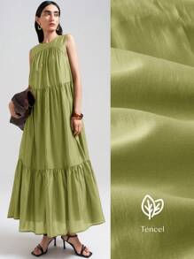 Ontre 2025 Women's Summer Extra Long Slit Ruffle V-Neck Sleeveless Maxi Dress, Fashionable Urban, Romantic Vacation, Island Resort, Party Outfit, Elegant, Loose & Comfortable, Flared Skirt, Business Casual Women Vacation Dress - Green - View 3