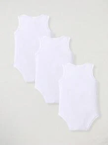 SHEIN Playful Pals 3pcs/Set Baby Boy Solid Color Crew Neck Casual Bodysuits - White - View 2