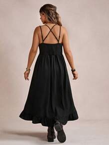 Freevana Plus Size Vacation Casual Lace Splicing Ruffles Hem Cami Dress,Beach Dress Sundress,Holiday Outfits Boho - Black - View 2