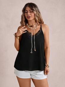Freevana Plus Size Women's Contrast Lace Solid Color Fashion Camisole - Black - View 3