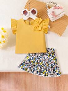 2pcs/Set Baby Girls Casual Outfit - Sleeveless Bow Decor Top + Floral Print Skirt - Yellow - View 1