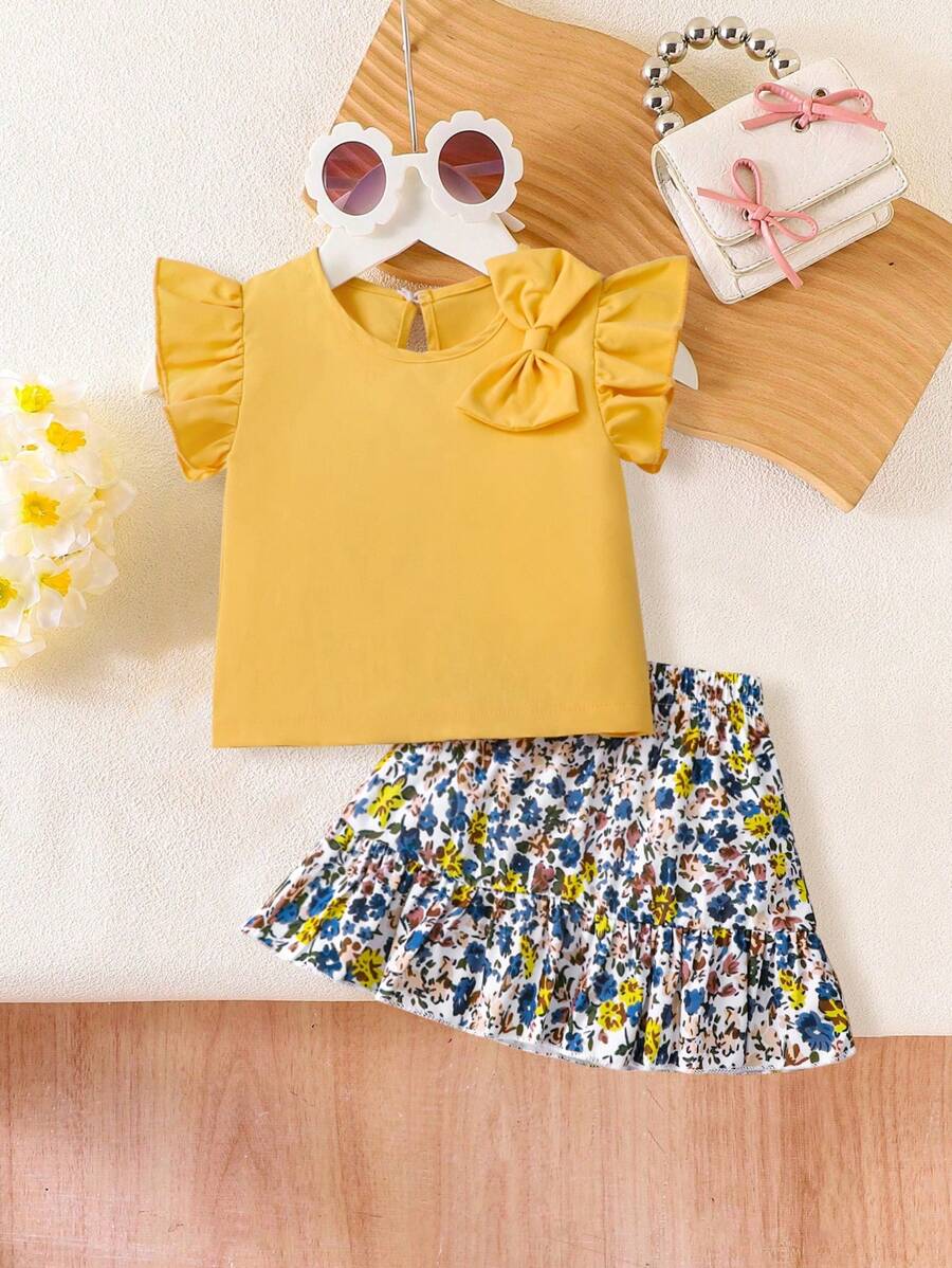 2pcs/Set Baby Girls Casual Outfit - Sleeveless Bow Decor Top + Floral Print Skirt - Yellow - View 1