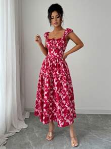 Elenzga Robe maxi bohème d'été pour femmes, blanche à fleurs, élégante, encolure carrée, taille froncée et cintrée, nœud devant, manches bouffantes, jupe à volants, pour vacances et tea party - Multicolore - Voir 6