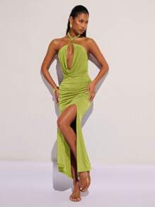 COSMINA Women's Solid Color Sling Neck Sleeveless Fitted Long Bodycon Dress - Green - View 5