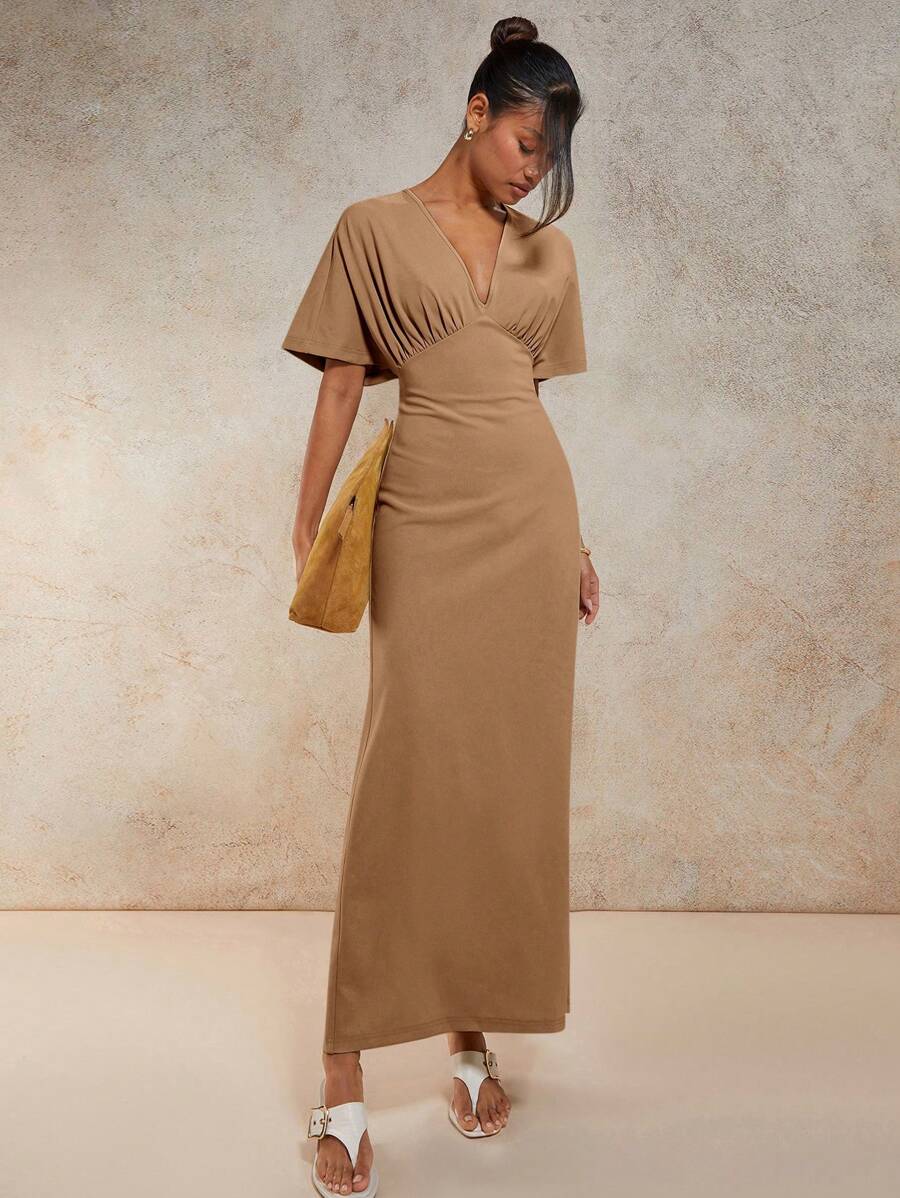 COSMINA Women V-Neck Flutter Sleeve Slim Fit Long Casual Summer Dress - Camel - View 1