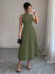 Elenzga 优雅夏季休闲无袖连衣裙，带装饰纽扣 - 軍綠色 - 查看 3