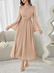 Modelyn Đầm dài tay đơn giản hàng ngày màu trơn cho nữ Đầm dạ hội dài - Lạc đà - Xem 4