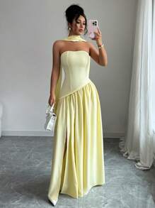 Rafferiza 新款时尚高开衩连衣裙，不对称拼接，露肩，飘逸腰带，性感优雅的设计，适合度假、浪漫约会、毕业派对、婚礼 - 淡黃色 - 查看 4