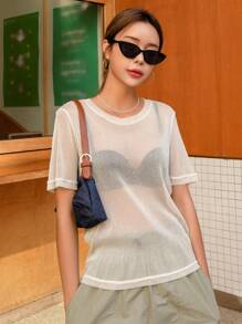 DAZY Semi Sheer Mesh Top Without Bra Going Out Tops Festival - Apricot - View 4