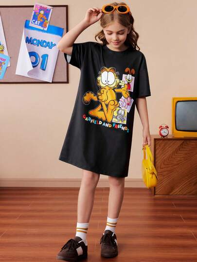 GARFIELD | SHEIN 青少年女孩休闲卡通图案黑色短袖透气夏装