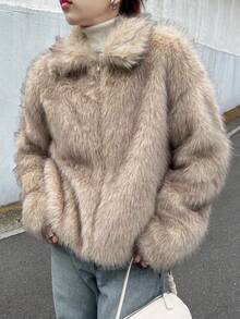 FRIFUL 女士人造毛皮长袖拉链夹克，温暖冬季外套人造毛皮大衣皮草夹克 Y2k 夹克女士冬季外套 - 卡其色 - 查看 1