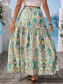Vivid Eden Women's Elastic Waist Loose Bohemian Style Vacation Print Skirt