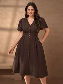 Chikora 大码女式优雅亚麻棉质V领休闲办公室连衣裙 - 咖啡棕 - 查看 4