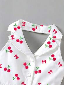 SHEIN Elladie kids 女童夏季休闲马球领挂脖露背连衣裙，优雅甜美度假风格年轻女孩礼服 - 白色 - 查看 3