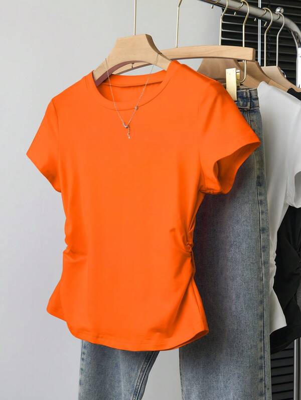INAWLY Women's Short Sleeve Solid Color Crew Neck Casual T-Shirt For Summer