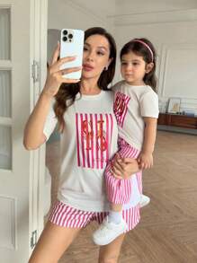 SHEIN 婴幼儿印花针织T恤和条纹梭织裤，母婴套装（2套单独出售）