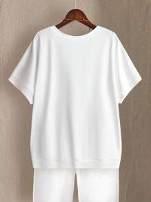 Linhara Plus Size Round Neck Black & White Striped Contrast Side Button T-Shirt