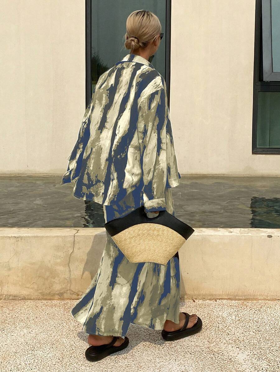 DAZY 2 件女式夏季印花衬衫和裙子休闲度假套装，秋季女装 - 霧霾藍 - 查看 1