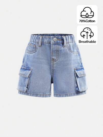 SHEIN Baby Girls' Y2k Blue Denim Loose Cargo Shorts,Kid Girls Spring And Summer Casual Vacation Country Boho Wear, Beach Middle Shorts Outfits For Kid Girls,Western Street Wear For Girl,Spring Break Outfits,Rave Outfits Festival Denim Shorts