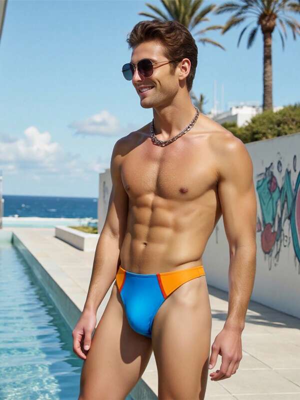 Manfinity Swimmode Herren Badeshorts mit kontrastfarbigem Dreieck-Muster, Sommer