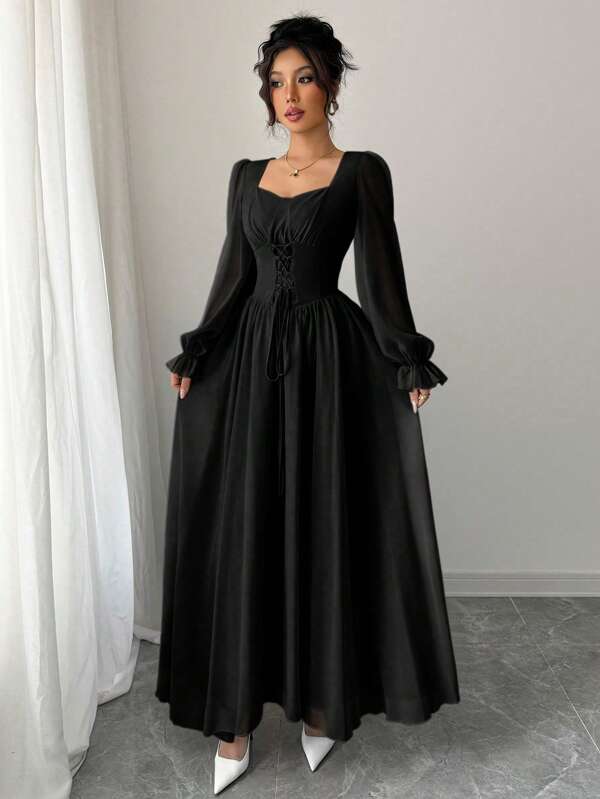 Modelyn Women's Solid Color Elegant French Style High-Waist Long Sleeve Dress
