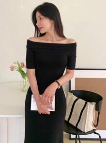 DAZY 女式露肩褶饰紧身中长连衣裙 - 黑色 - 查看 4