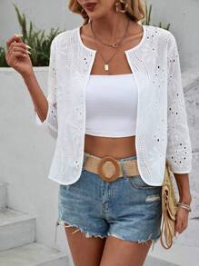 SHEIN PETITE 刺绣镂空白色女式夹克，休闲度假风圆领前开七分袖，日常百搭，舒适高性价比面料
