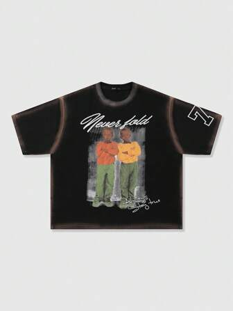 Street Life Camiseta de manga corta de cuello redondo holgada y de hombros caídos pintada a mano para hombre, de verano