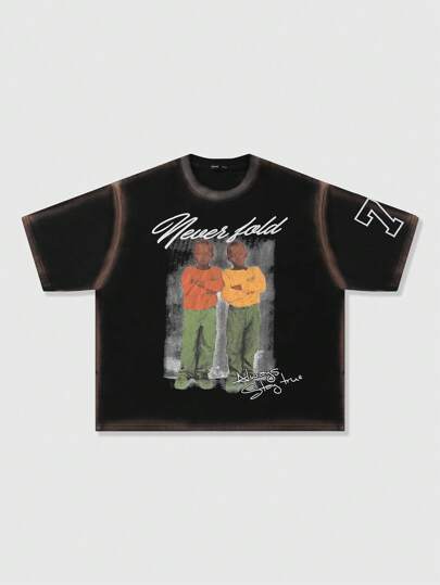 Street Life Street Life Character Men's Hand-Painted Round Neck Loose Dropped Shoulder Short Sleeve T-Shirt