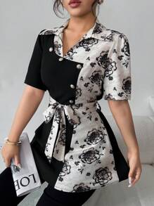 Elenzga 女式不对称撞色印花束腰衬衫 - 彩色 - 查看 6