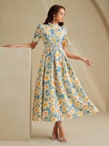 Anewsta فستان مزخرف بنقوش الأزهار مع إضافات دانتيل وتصميم مشدود للخصر، أنيق وقابل للتنوع التصاميم