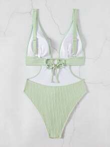 Swim SXY Bộ đồ bơi bikini đi biển hở lưng cổ tròn vải kết cấu rắn mới mùa hè - Màu xanh Bạc hà - Xem 6