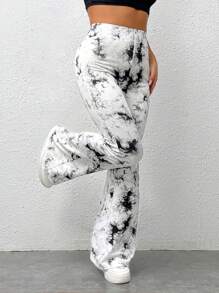 SHEIN EZwear Lässige Schlaghose Für Damen Große Größen Mit Batikmuster Und Tintenspritzer-muster In Schwarz Und Weiß, Geeignet Für Den Sommer