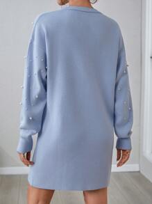 EURMUSE 优雅圆领落肩纯色淡蓝色素色图案珍珠串珠迷你宽松舒适针织连衣裙，适合秋冬女装 - 淺藍色 - 查看 2