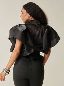 Vixey Puff Sleeve Button Up Sheer Top With Belt, Business Casual, Boho, Spring, Cute Summer Tops - Black - View 2