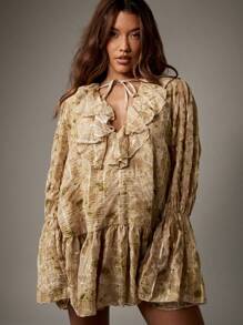 MISSGUIDED Textured Chiffon Ruffled Mini Dress Long Bell Sleeve V Neck Boho Prairie Fall Winter Occasion Wear Babydoll Dress - Khaki - View 7