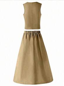 SHEIN 2件套少女纯色吊带背心和百褶裙优雅套装