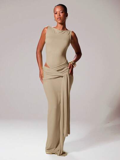 MUSERA Slash Neckline Tie Front Drape Fitted Sleeveless Maxi Dress Ibiza Sexy Vacation Spring Summer Festival Rave Beachwear Romantic Prom Graduation Elegant Birthday Wedding Guest Night Out Wedding Guest, Elegant, Birthday, Night Out, Date Night , , ,    Summer Outfit Holiday