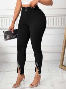 SHEIN Lady Modische elegante Leggings mit Strass-Dekor und Schlitz-Saum