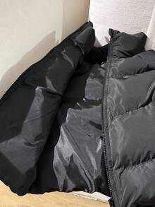 SHEIN Tween Girls Black Short Stand Collar Zipper Front Padded Coat, Casual Fashion Street Style Kids Vest Black Puffer Vest Kids Black Vest Girls Vest,In Fall/Winter