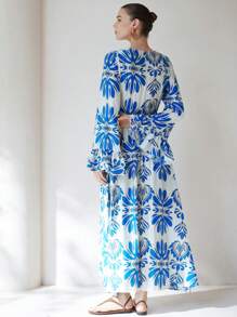 Aveloria Modichic Seaside Blue Print Bamboo Linen Dress,Deep V-Neck Tie-Waist Double-Layer Ruffle Sleeve,Slim Fit,Beige,Autumn,Boho,Tea Party,Holiday Vacation For Women - Multicolor - View 4