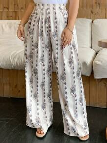Dazy Plus Pantalon maxi ample à taille élastique avec imprimé floral, style bohème pour les vacances de printemps et d'été, grande taille - Blanc - Voir 5
