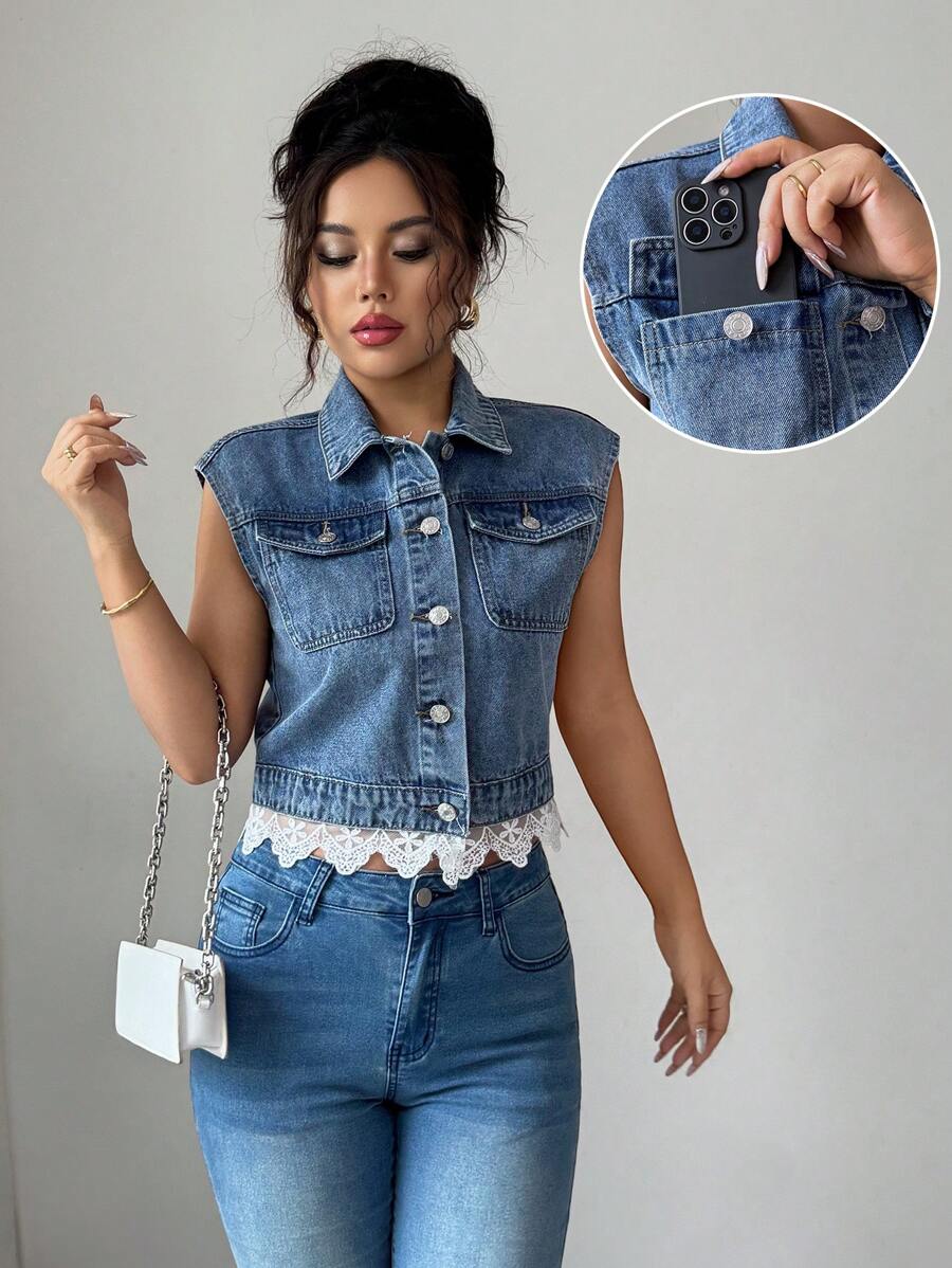 Elenzga Fashionable Elegant Ruffle Hem Sleeveless Denim Jacket - Light Wash - View 1