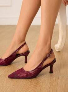 CUCCOO HITCHD 女士刺绣蕾丝尖头猫跟中跟优雅浪漫酒红色网纱蕾丝高跟凉鞋，伴娘礼服鞋，婚礼、派对、万圣节 - 酒紅色 - 查看 4