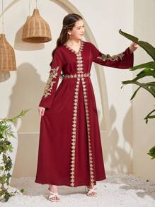 SHEIN Teen Girl's Weave Patchwork Gold Thread Lace Clothes Dress - Burgundy - View 7