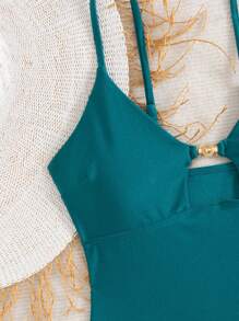 Swim Chiccia Ladies Beach Summer Music Festival Spaghetti Strap Metal Jewelry Knotted Thong Mature Vacation Style Tankini Set - Green - View 4